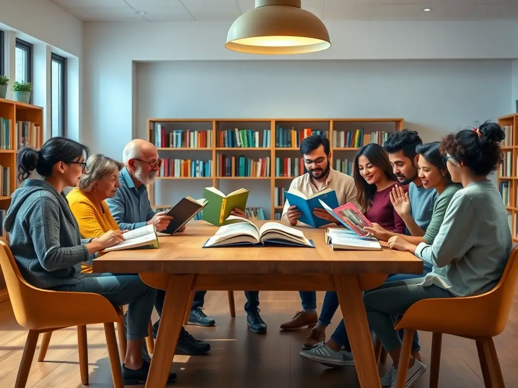An image showing adults participating in a book club discussion at the library, with books and refreshments on the table, and engaged expressions on their faces.