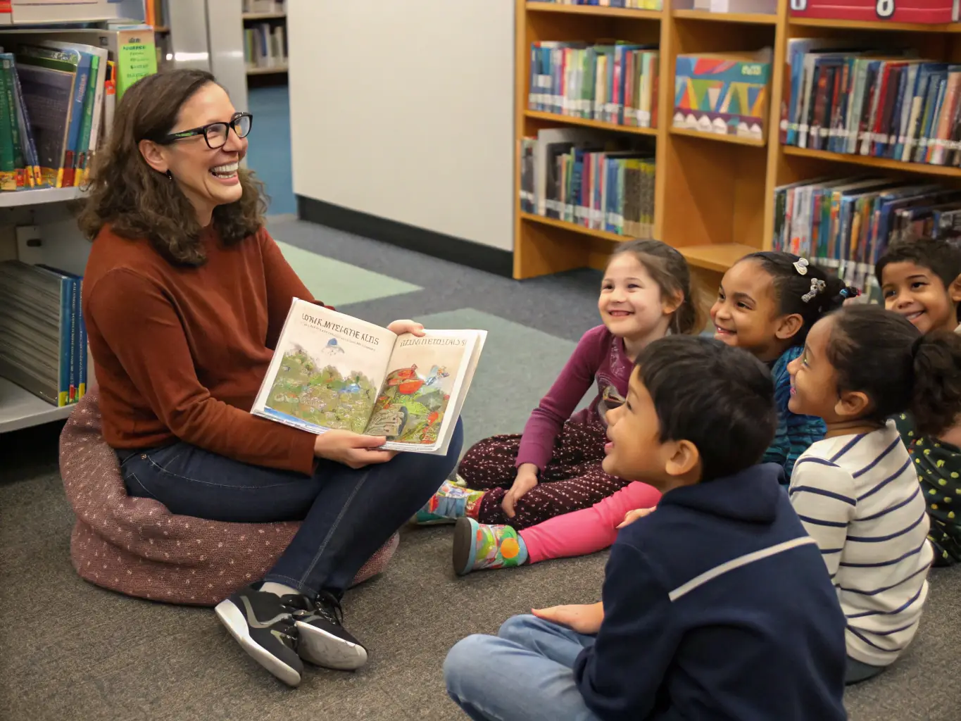 A photograph capturing a lively storytelling session for children at the municipal library, with a librarian reading aloud and kids listening attentively, surrounded by colorful books and decorations.