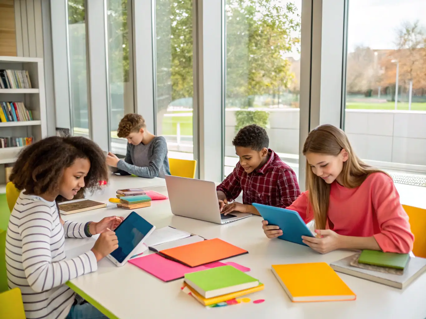 A picture of teenagers participating in a literacy workshop at the library, with laptops and books, and a facilitator guiding them through the session.